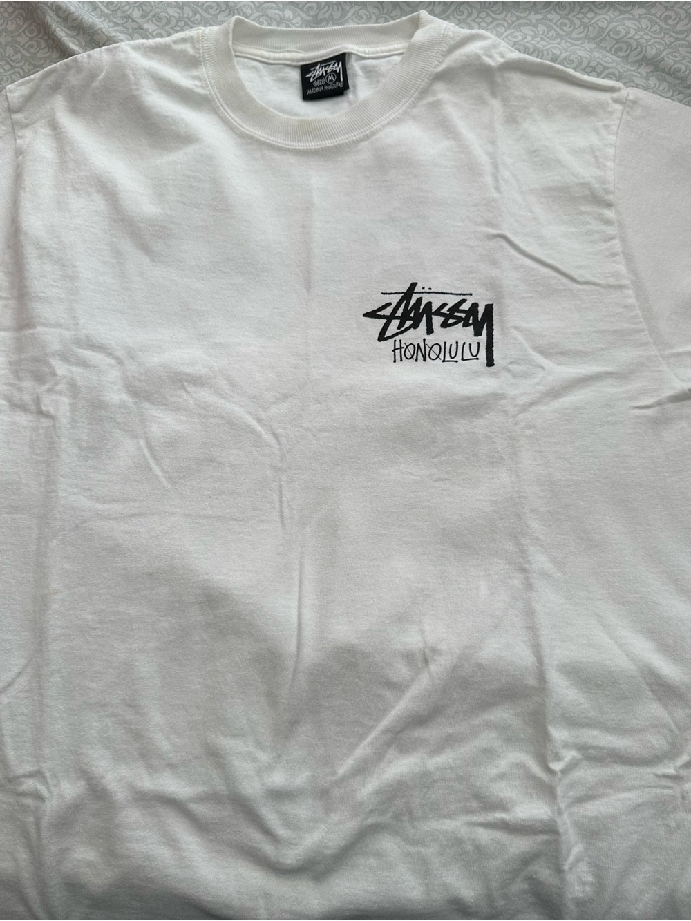 Stussy White T-Shirt with Black Honolulu Chest Logo